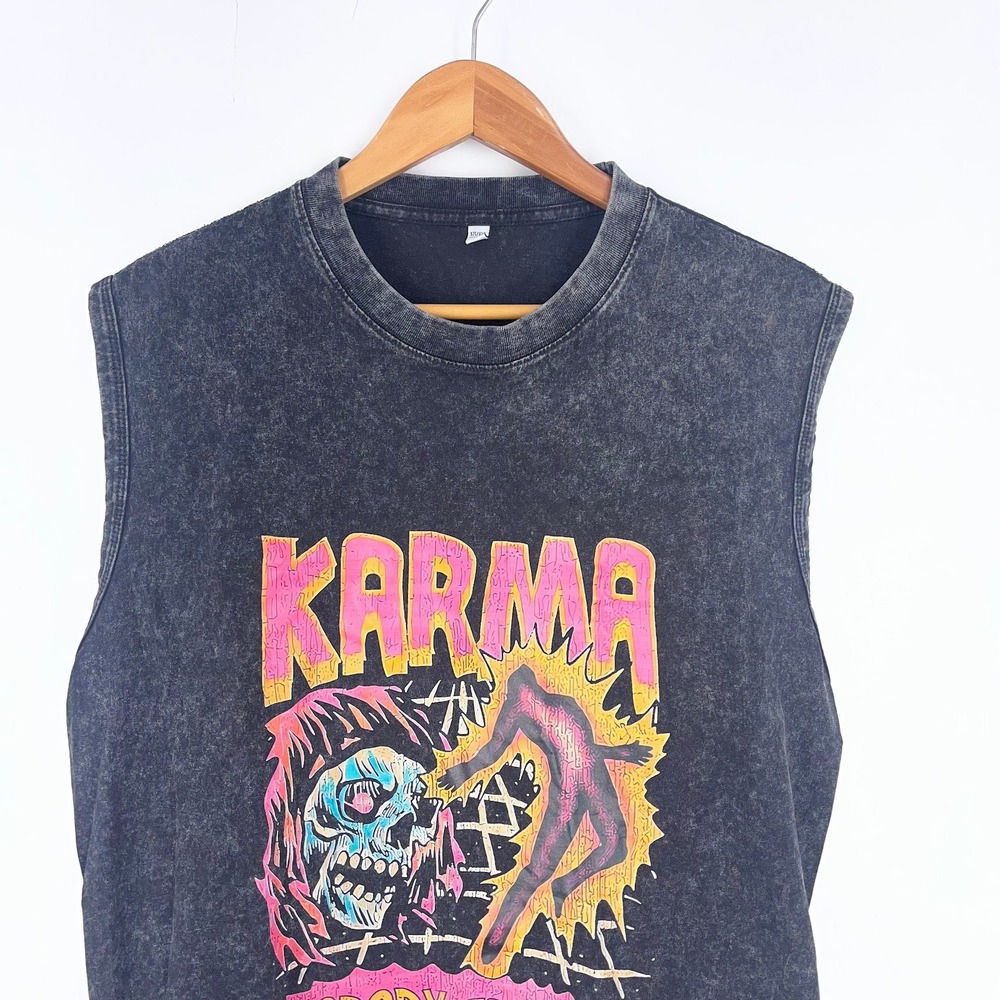Karma Nobody Can Run Graphic Muscle Tee Acid Wash Black Raw Hem Large - Picture 3 of 13